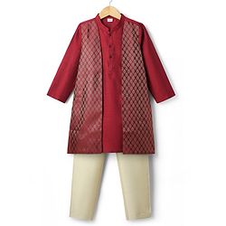 Babyhug Woven Full Sleeves Kurta Pyjama Set with Brocade Print Attached Jacket - Maroon & White
