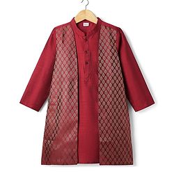 Babyhug Woven Full Sleeves Kurta Pyjama Set with Brocade Print Attached Jacket - Maroon & White