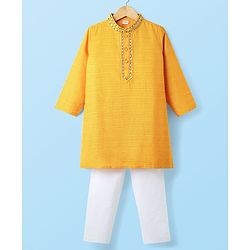 Babyhug Woven Full Sleeves Kurta Pyjama Set with Lace Detailing - Yellow & White