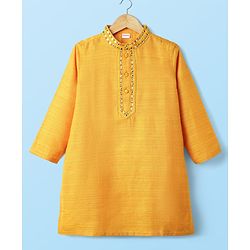 Babyhug Woven Full Sleeves Kurta Pyjama Set with Lace Detailing - Yellow & White