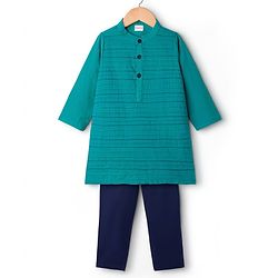 Babyhug Cambric Woven Full Sleeves Kurta Pajama Set With Embriodery - Teal Blue