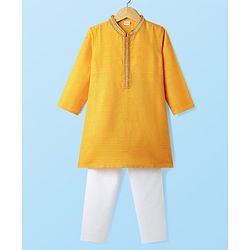 Babyhug Woven Full Sleeves Kurta Pyjama Set with Lace Detailing - Yellow & White