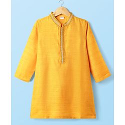 Babyhug Woven Full Sleeves Kurta Pyjama Set with Lace Detailing - Yellow & White