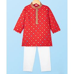 Babyhug Woven Full Sleeves Kurta Pajama Set With Mirror Embroidery - Red & White