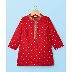 Babyhug Woven Full Sleeves Kurta Pajama Set With Mirror Embroidery - Red & White