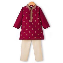 Babyhug Woven Full Sleeves Floral Embroidered Kurta with Pyjama Set - Maroon