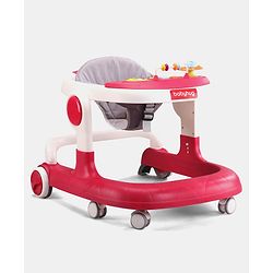 Babyhug 2 in 1 Walker with Height Adjustment & Detachable Toy Bar with Lights & Music | Musical Activity Tray| Soft Cushion Seat| Speed Control| Push Walker| Wheel Lock| Anti-fall Protection - Red