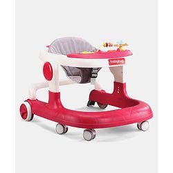 Babyhug 2 in 1 Walker with Height Adjustment & Detachable Toy Bar with Lights & Music | Musical Activity Tray| Soft Cushion Seat| Speed Control| Push Walker| Wheel Lock| Anti-fall Protection - Red