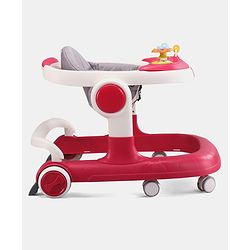 Babyhug 2 in 1 Walker with Height Adjustment & Detachable Toy Bar with Lights & Music | Musical Activity Tray| Soft Cushion Seat| Speed Control| Push Walker| Wheel Lock| Anti-fall Protection - Red