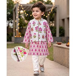 Babyhug Cambric Woven Full Sleeves  Floral Printed Kurta Pajama Set with Nehru Jacket - White