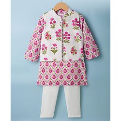 Babyhug Cambric Woven Full Sleeves  Floral Printed Kurta Pajama Set with Nehru Jacket - White
