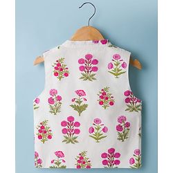 Babyhug Cambric Woven Full Sleeves  Floral Printed Kurta Pajama Set with Nehru Jacket - White