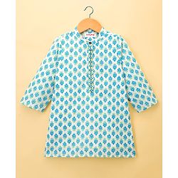 Babyhug 100% Cotton Woven Full Sleeves Kurta & Dhoti Set With Floral Print - Blue