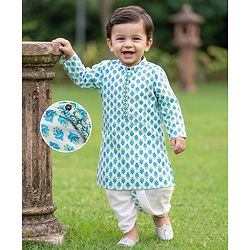 Babyhug 100% Cotton Woven Full Sleeves Kurta & Dhoti Set With Floral Print - Blue