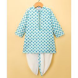 Babyhug 100% Cotton Woven Full Sleeves Kurta & Dhoti Set With Floral Print - Blue