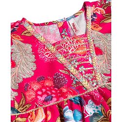 Babyhug 100% Cotton Woven Three Forth Sleeves Floral Printed Sequinned Tiered Ethnic Dress - Fuchsia
