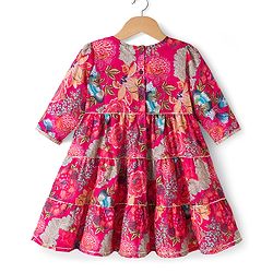 Babyhug 100% Cotton Woven Three Forth Sleeves Floral Printed Sequinned Tiered Ethnic Dress - Fuchsia
