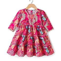 Babyhug 100% Cotton Woven Three Forth Sleeves Floral Printed Sequinned Tiered Ethnic Dress - Fuchsia