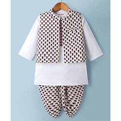 Babyhug Cambric Woven Full Sleeves Dhoti Kurta Set & Nehru Jacket With Floral Print - White