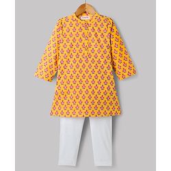 Babyhug 100% Cotton Cambric Woven Full Sleeves Floral Printed Kurta & Pyjama Set - Yellow