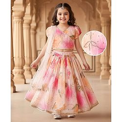 Babyhug Woven Half Puffed Sleeves Choli Lehenga Set with Dupatta & Floral Foil Print - Multicolor