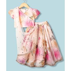 Babyhug Woven Half Puffed Sleeves Choli Lehenga Set with Dupatta & Floral Foil Print - Multicolor