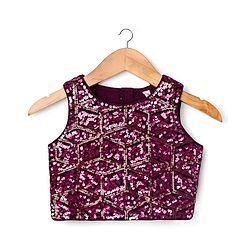 Babyhug Woven Sleeveless Embroidered Blouse With Glass Nylon Solid Saree - Wine