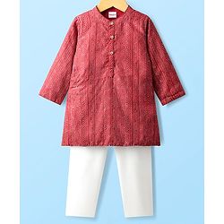 Babyhug Woven Full Sleeves Kurta Pajama Set with Embroidery & Sequin Detailing - Red