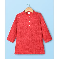 Babyhug Georgette Woven Full Sleeves Embroidered Kurta Pyjama Set With Sequin Detailing - Red & White