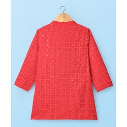 Babyhug Georgette Woven Full Sleeves Embroidered Kurta Pyjama Set With Sequin Detailing - Red & White