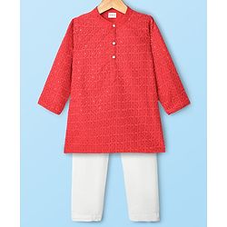 Babyhug Georgette Woven Full Sleeves Embroidered Kurta Pyjama Set With Sequin Detailing - Red & White