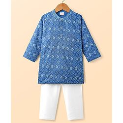 Babyhug Woven Full Sleeves Kurta Pajama Set with Embroidery & Sequin Detailing - Blue