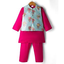 Babyhug Woven Full Sleeves Kurta Pajama Set with Jacket & Floral Print - Dark Pink