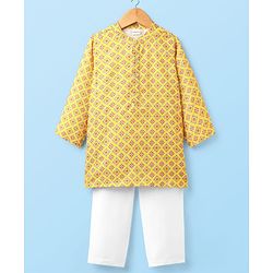 Babyhug Cambric Woven Full Sleeves Kurta Pajama Set with Motif Print - Yellow