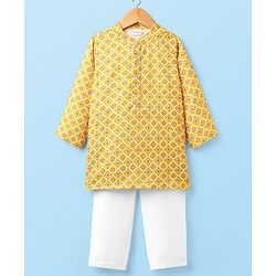 Babyhug Cambric Woven Full Sleeves Kurta Pajama Set with Motif Print - Yellow