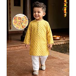 Babyhug Cambric Woven Full Sleeves Kurta Pajama Set with Motif Print - Yellow
