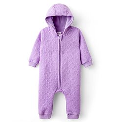 Babyhug Interlock Knit Full Sleeves Front Open Hooded Romper with Hearts Detailing - Purple