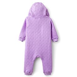 Babyhug Interlock Knit Full Sleeves Front Open Hooded Romper with Hearts Detailing - Purple