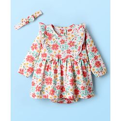 Babyhug 100% Cotton Interlock Knit Onesies With Hairband & Floral Print - Multicolour