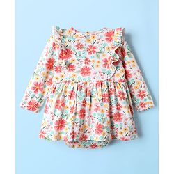 Babyhug 100% Cotton Interlock Knit Onesies With Hairband & Floral Print - Multicolour