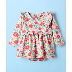 Babyhug 100% Cotton Interlock Knit Onesies With Hairband & Floral Print - Multicolour