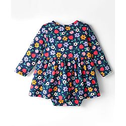 Babyhug 100 % Cotton Full Sleeves Floral Printed Onesies With Headband - Navy Blue