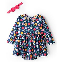 Babyhug 100 % Cotton Full Sleeves Floral Printed Onesies With Headband - Navy Blue