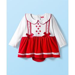 Babyhug 100% Cotton Interlock Knit Full Sleeves Frock Syle Onesies With Hairband - Red