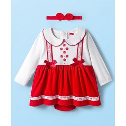 Babyhug 100% Cotton Interlock Knit Full Sleeves Frock Syle Onesies With Hairband - Red
