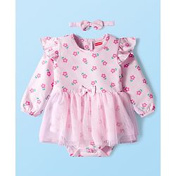 Babyhug 100% Cotton Interlock Knit Full Sleeves Frock Style Onesie with Frill Detailing Floral Print Bow Applique & Hairband - Pink