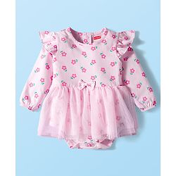 Babyhug 100% Cotton Interlock Knit Full Sleeves Frock Style Onesie with Frill Detailing Floral Print Bow Applique & Hairband - Pink