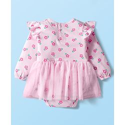 Babyhug 100% Cotton Interlock Knit Full Sleeves Frock Style Onesie with Frill Detailing Floral Print Bow Applique & Hairband - Pink