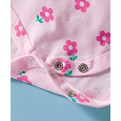 Babyhug 100% Cotton Interlock Knit Full Sleeves Frock Style Onesie with Frill Detailing Floral Print Bow Applique & Hairband - Pink