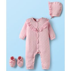 Babyhug 100% Cotton Full Sleeves Solid Coloured Romper With cap & Booties Set With Lace Detailing - Pink